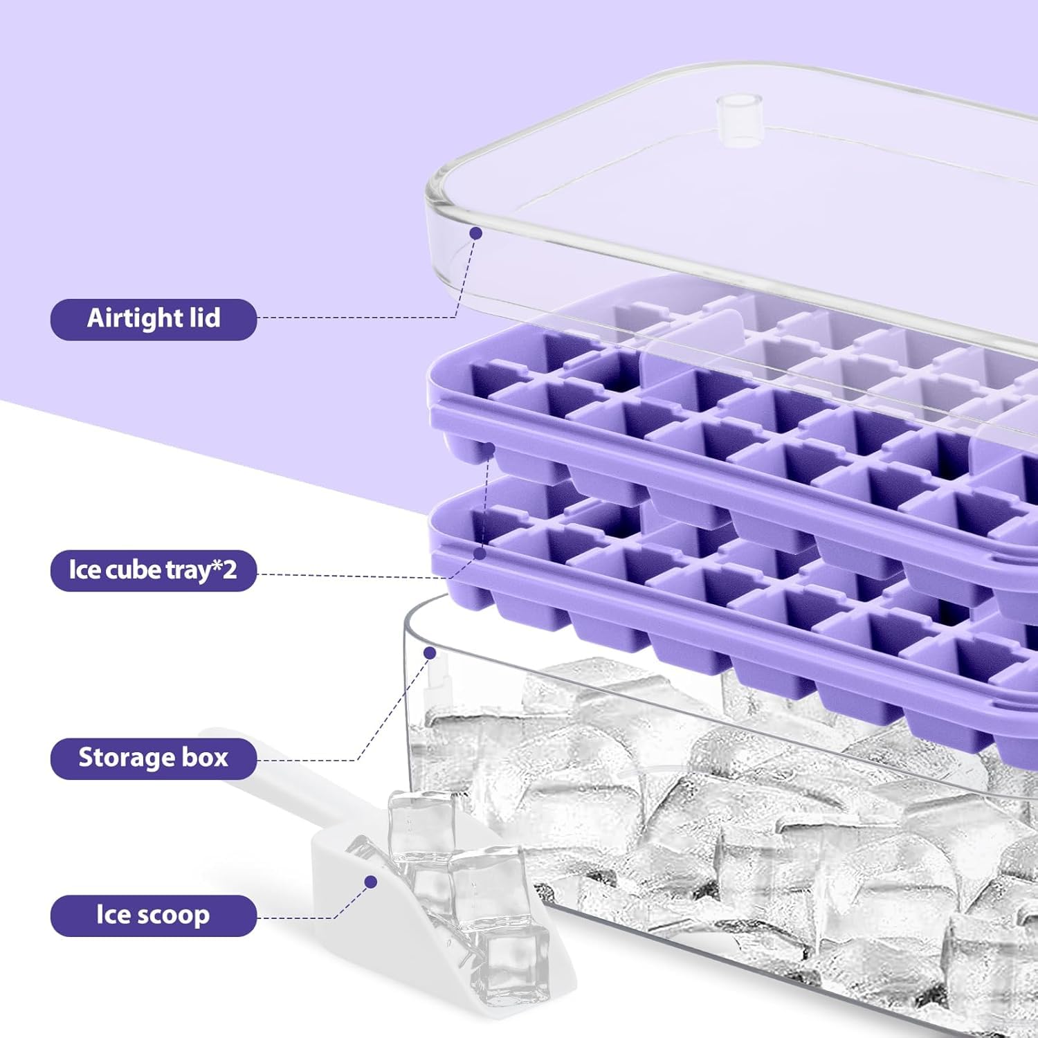 Bac à Glaçons 64 Carrés Qualité Alimentaire Sans BPA Couvercle Libération Rapide Violet