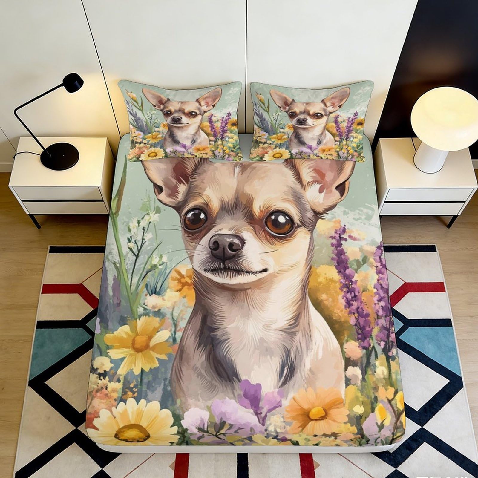3D Printed Chihuahua Floral Fitted Sheet Microfiber Soft Breathable Dog Flower Bed Cover for Bedroom Guest Room Decor 115 200x200x25cm