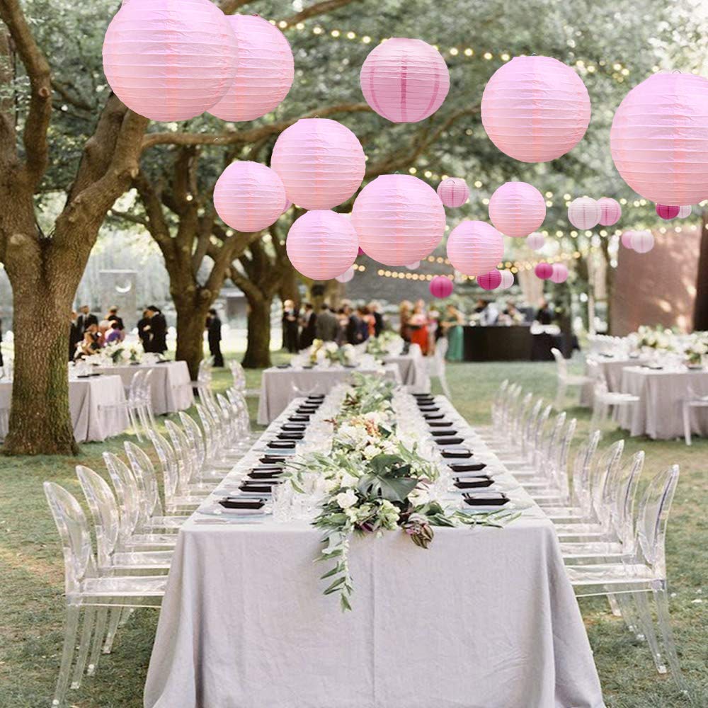 Lot De 12 Lanternes Chinoises En Papier Rose à Suspendre Avec Lumières LED - Décoration Fête, Anniversaire, EVG, 25.4cm Et 30.5cm