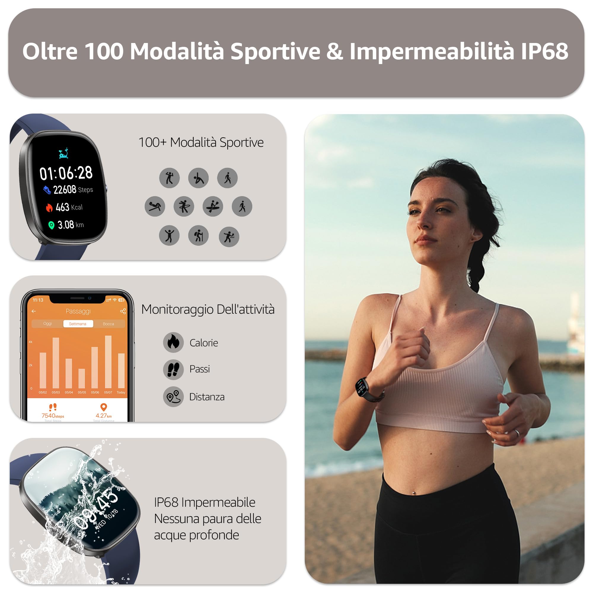 Smartwatch Uomo Donna (Rispondi/Effettua Chiamate), 1.83" Orologio Smartwatch con Contapassi/Sonno/SpO2/Cardiofrequenzimetro, 100+ Modalità Sportive, IP68 Impermeabile Fitness Tracker per iOS Android