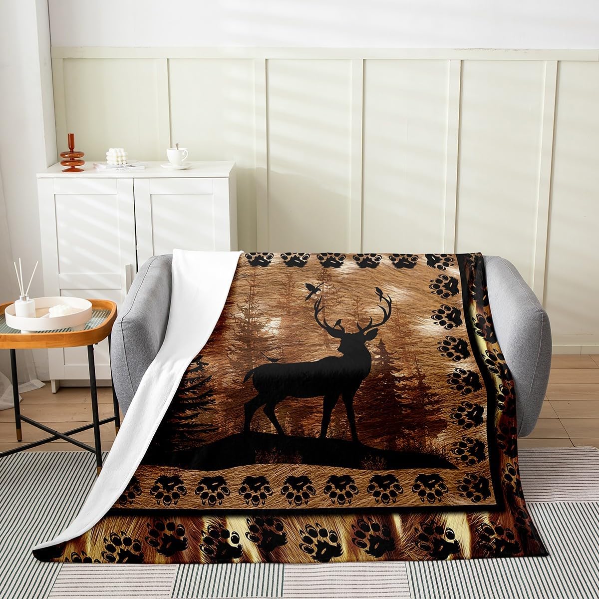 Deer Flannel Fleece Throw Blanket Farmhouse Wild Animals Footprints All Season Bed Blanket for Sofa Couch Cow Fur Fuzzy Blanket Rustic Cabin Country Brown Black Plush Blanket Bedroom Queen 90"x90"