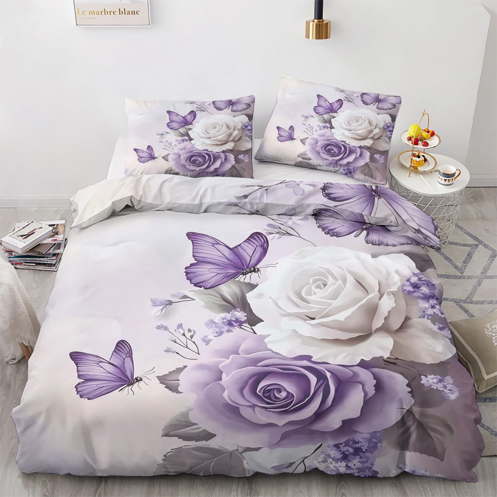 NOGAWA Butterfly Flower Emperor Duvet Cover - Purple White Floral Bedding Set - Reversible Quilt Cover & 2 Pillowcases with Zip and Ties, Ultra Soft and Non Iron Brushed Microfibre Bed Set