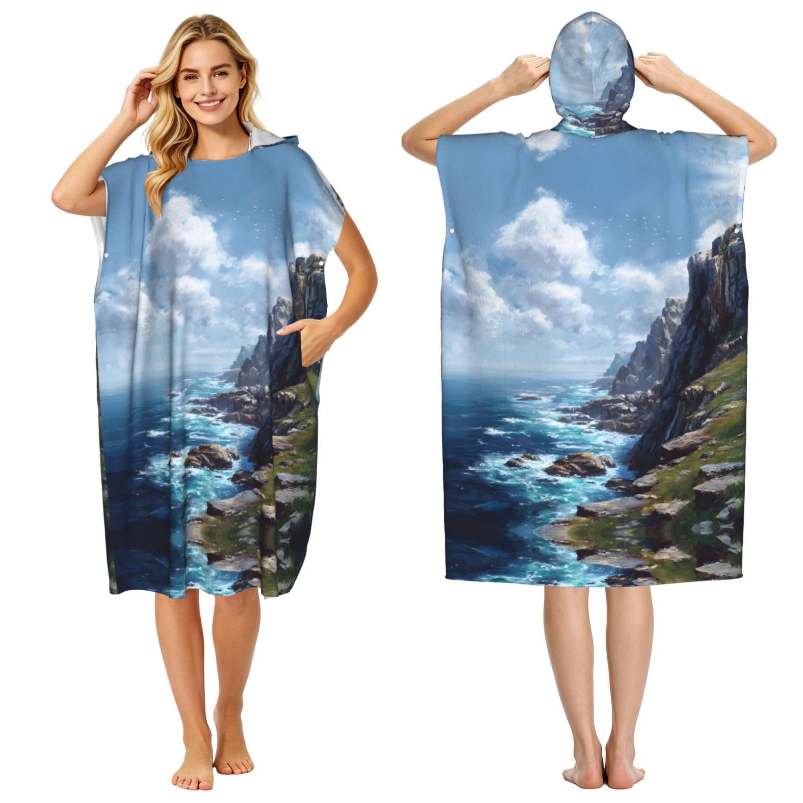ESNAIUVCD Cliff Coast Print Changing Robe, Hooded Towel Poncho For Swimming Pool, Beach,Quick Dry & Light Weight Towelling Poncho For Adults Women Men