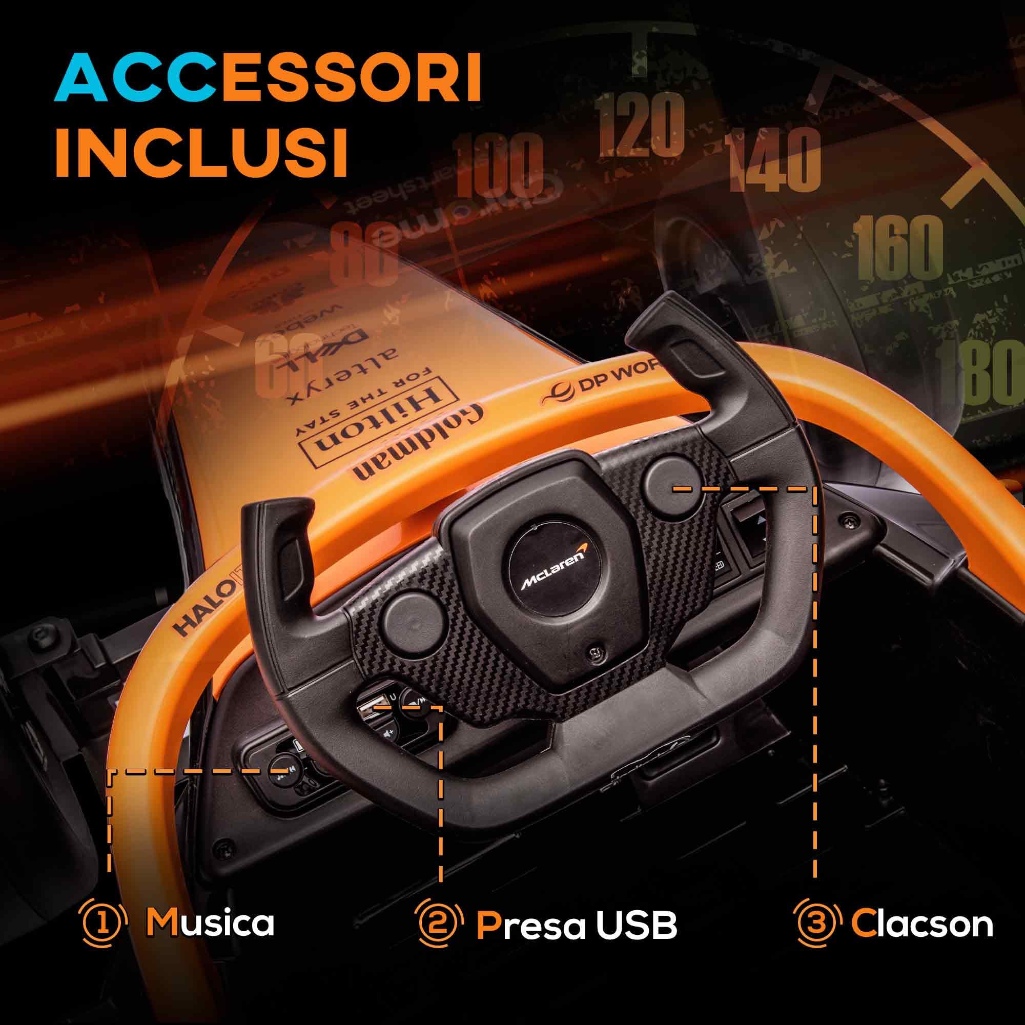 AIYAPLAY 12V Macchina Elettrica per Bambini 3-5 Anni McLaren F1 Arancione | Con Licenza, Macchinina Elettrica con Sospensione, 2.4G Telecomando, Musica, MP3 e Clacson, in PP e Acciaio Inox