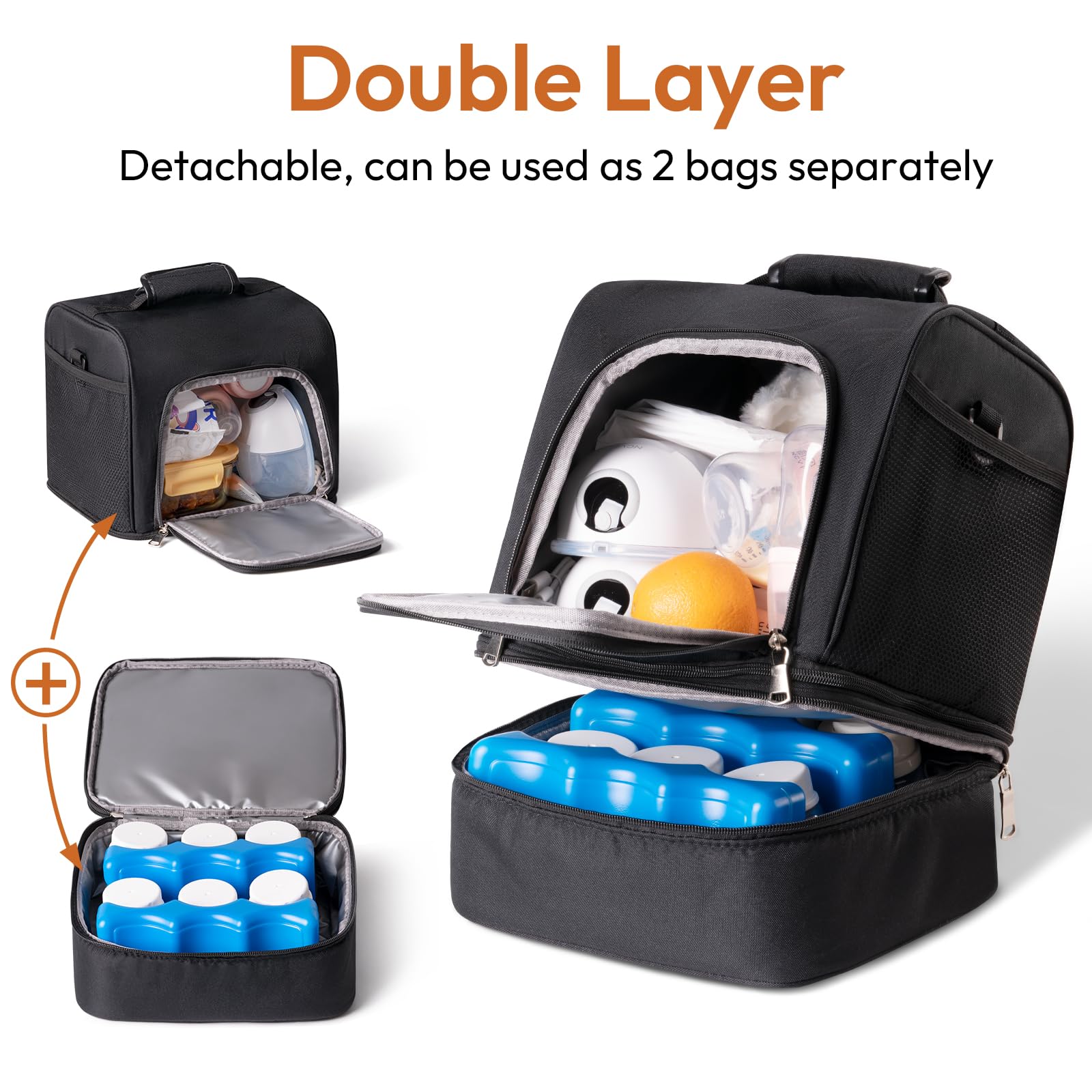 NCVI Tire-lait sac à dos compatible avec Spectra S1, S2, Medela, sac à lait maternel double couche séparable avec glacière, sac à langer multifonction pour le travail, les soins infirmiers en plein