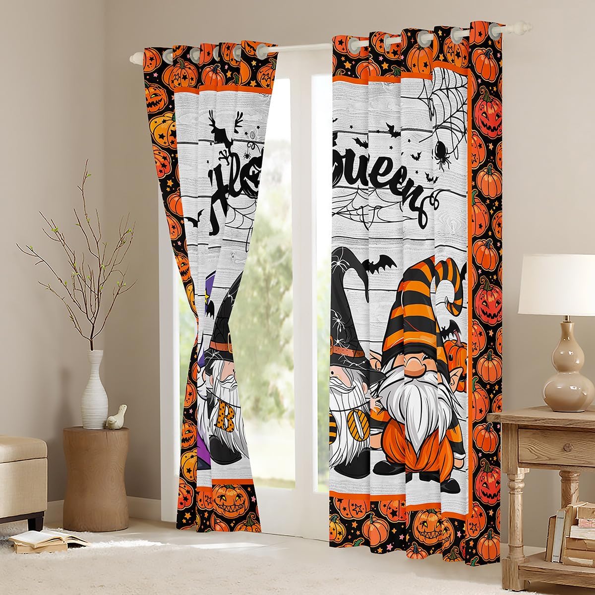 Manfei Halloween Gnomes Blackout Curtain Black Spider Web Bats Window Treatments, Cute Pumpkin Lantern Window Drapes for Kids Girls Teens Grommet Top 2 Panel Set Bedroom Curtains, 38Wx45L inch