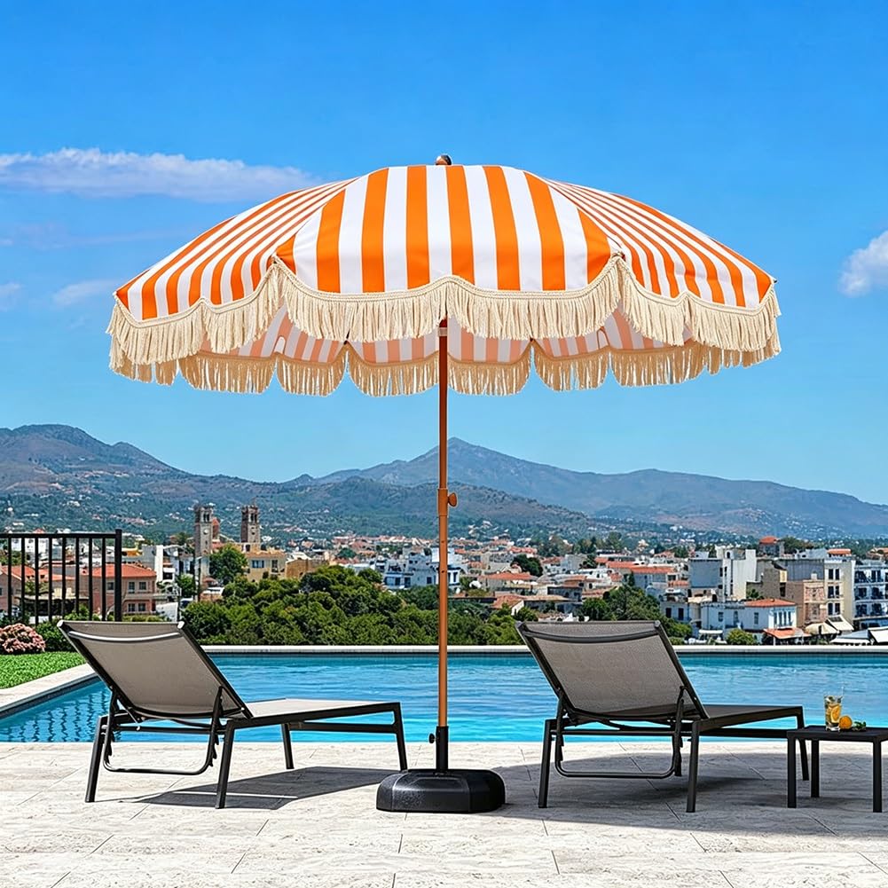 Sombrilla de Patio a Rayas con Borlas de 240 cm, Protección U-V Sombrilla Boho Inclinable para Playa, Piscina o Patio