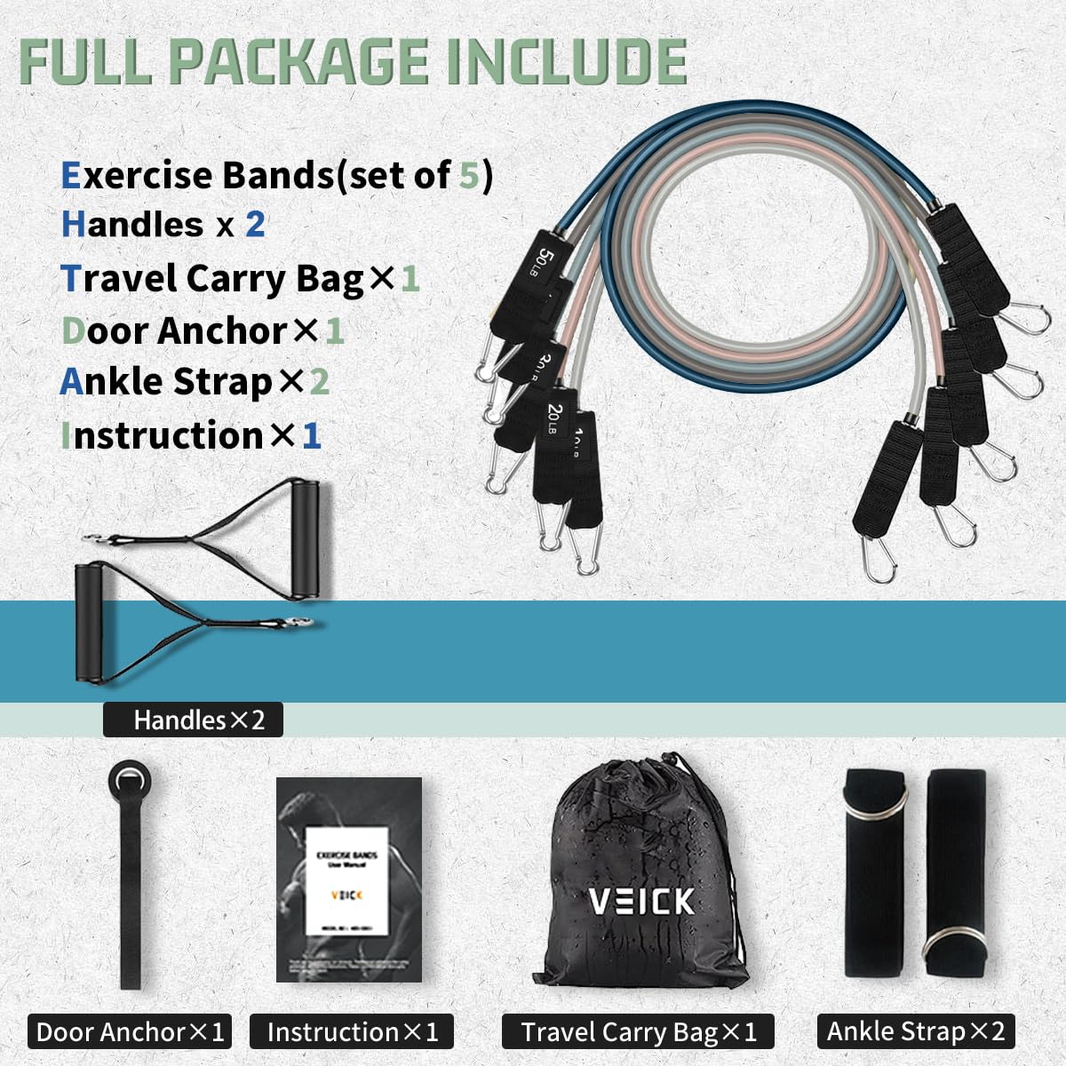 VEICK - Bandes de résistance d’entraînement, avec poignées, pour homme et femme, bandes d'exercice élastiques pour fitness, exercices à la maison, salle de sport