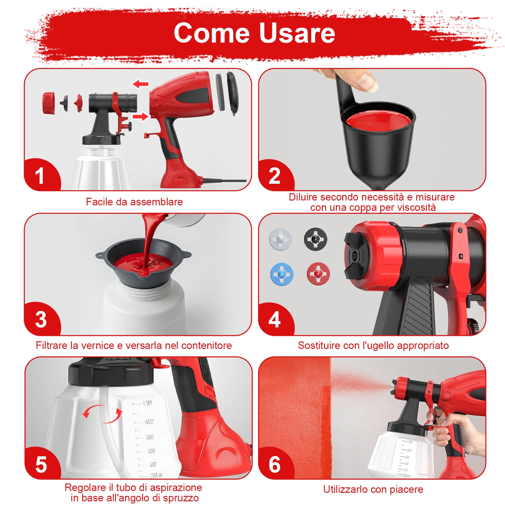 Pistola per Verniciare, 650W Spruzzatore Vernice, Pistola a Spruzzo per Verniciare Contenitore da 1200ml, Pistola Vernice a Spruzzo con 4 Ugelli&3 Modalità, Spruzzatore Vernice per Muri, Mobilia, DIY