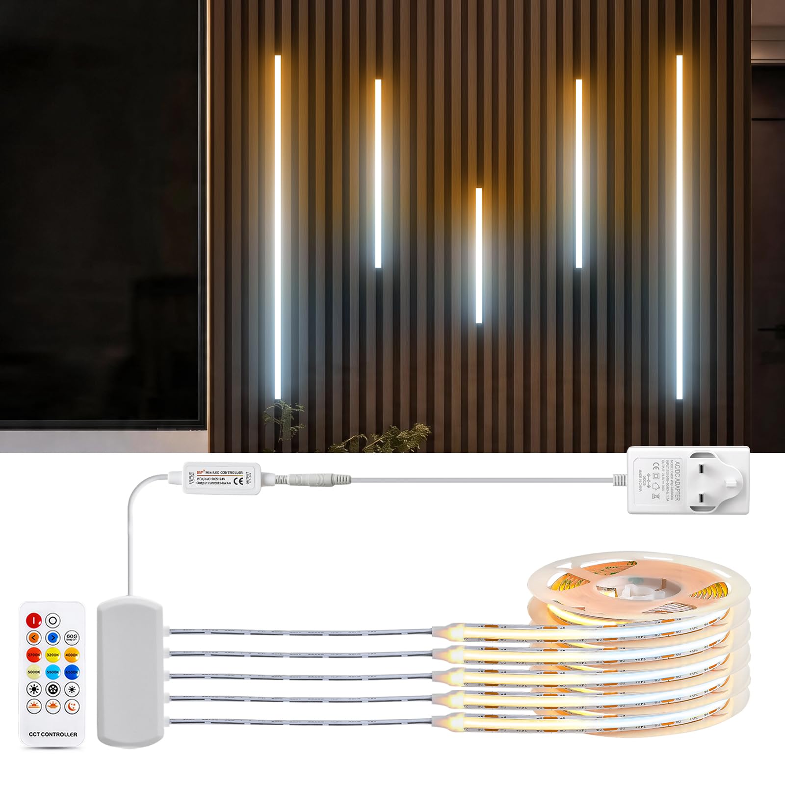 5 Pcs x 1M/3.3ft 2700K-6500K CCT COB LED Strip with Remote Contronl Cabinet Light Kit, 24V 5M Warmwhite/Natural White/White COB Cabinet Led Strip Light for Shelf，Showcase & Acoustic Panel Lighting