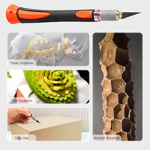 Miniatura 7 de FOSHIO Juego de 2 cuchillos de precisión para manualidades con 20 cuchillas de repuesto, mango ergonómico antideslizante con cubierta protectora