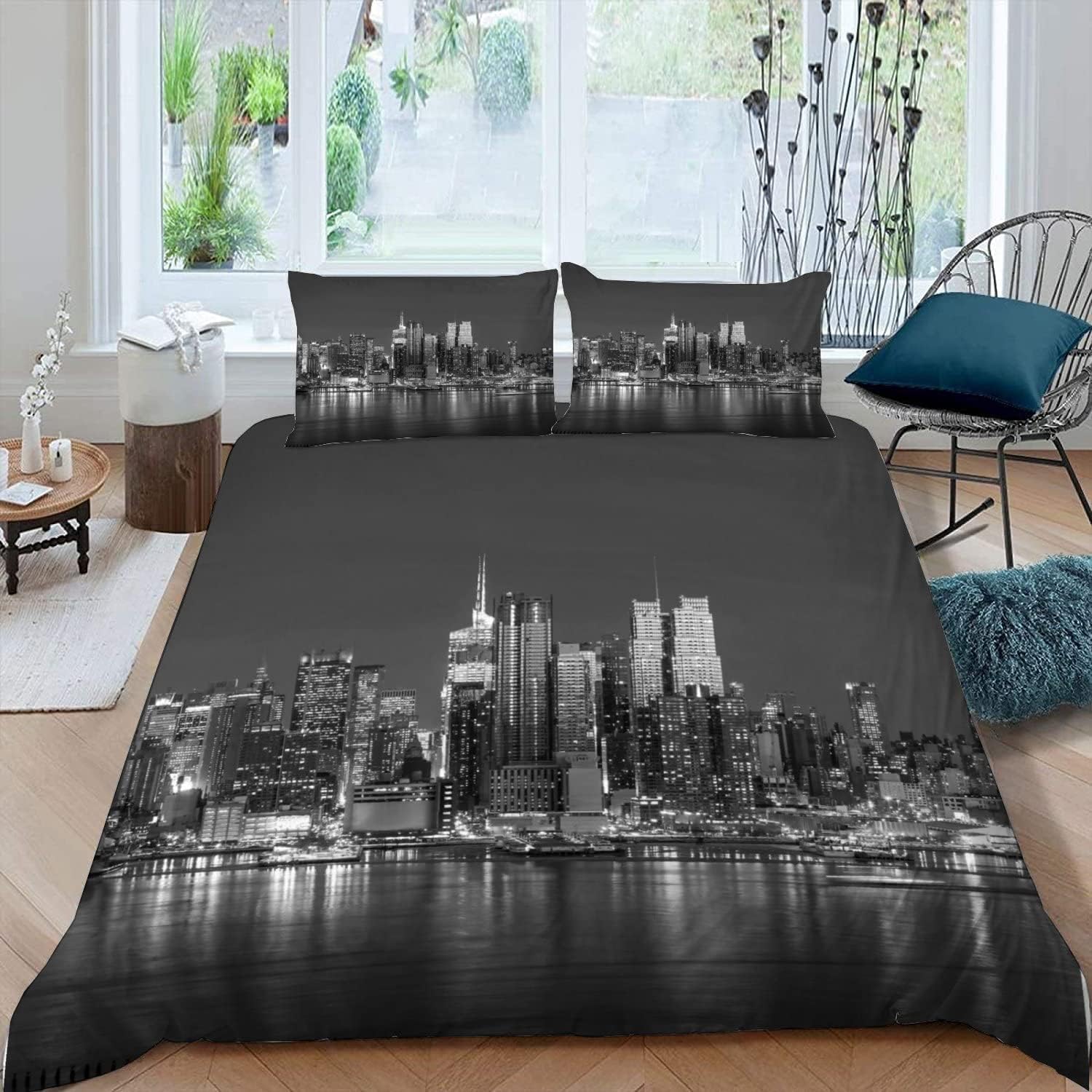 Set Copripiumino Matrimoniale 260x240 New York Città di Notte Biancheria da Letto New York in Morbida Microfibra Stampe 3d Copripiumini e 2 Federe C69