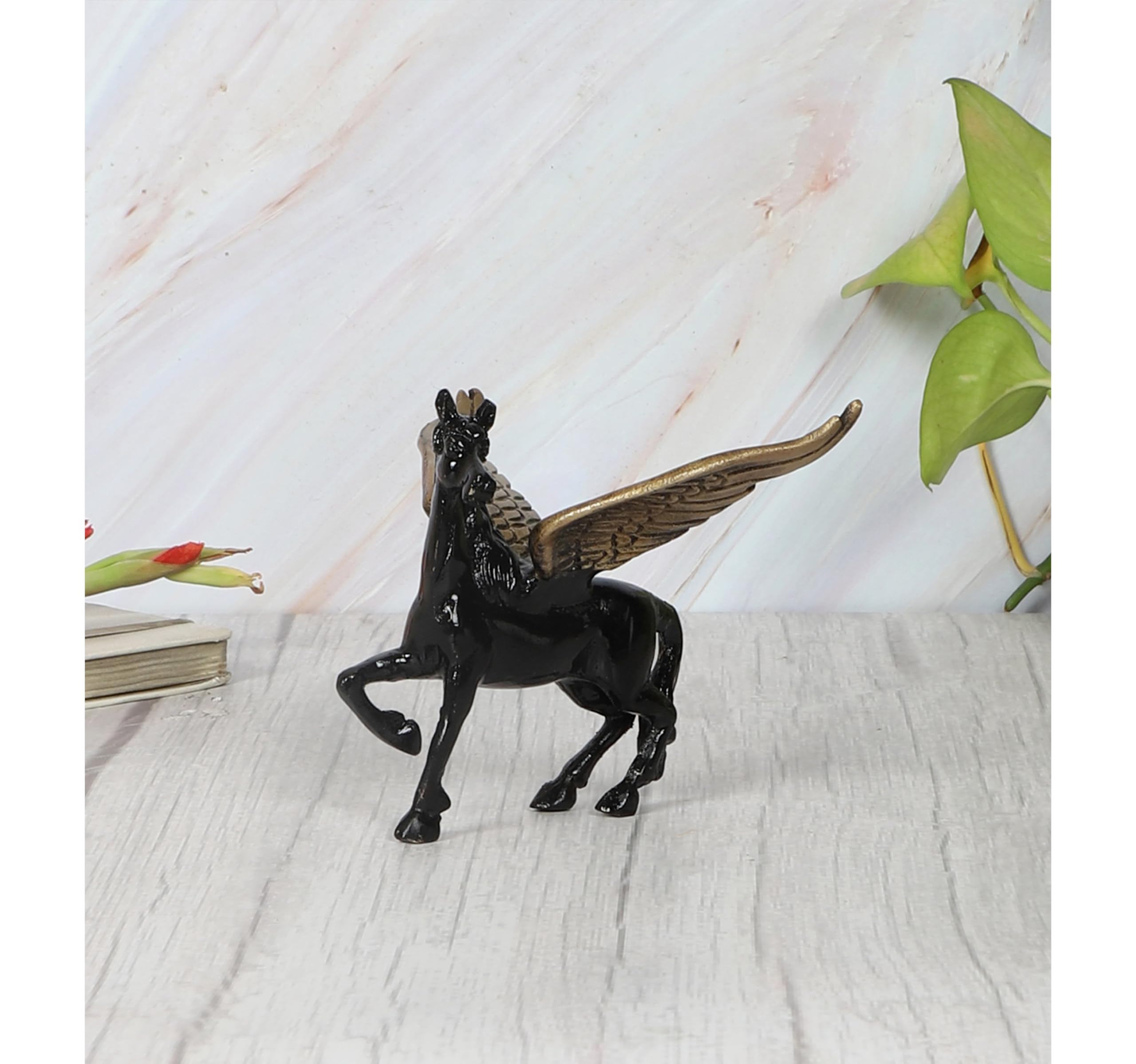 Two Moustaches Flying Angel Brass Horse Showpiece for Home Decor, Pegasus Animal, Feng Shui, Running Horse Statue, Decorative Home Office Showpiece Figurine, Standard, Pack of 1