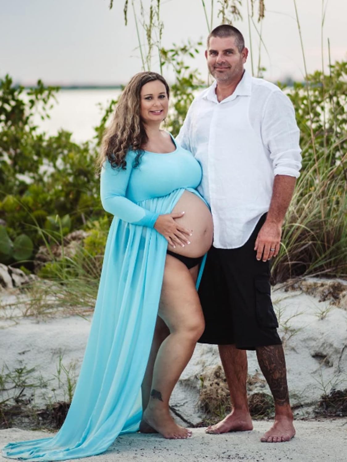 YnimioAOX Women's Off Shoulder Long Sleeve Maternity Dress for Photography Chiffon Maternity Gown for Photoshoot - Image 3