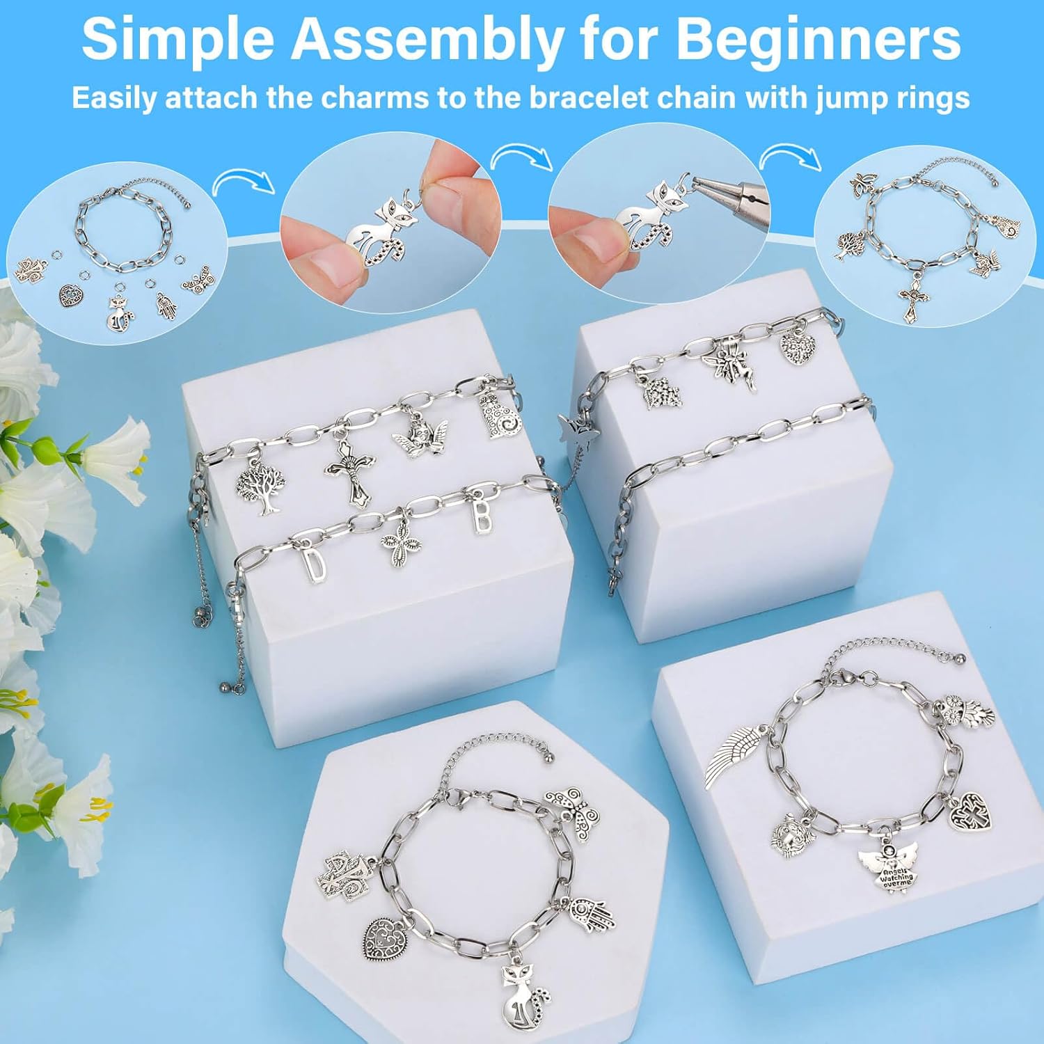 384 Pieces Silver Charm Bracelet Making Kit, Including Paperclip Chain Bracelets, Cross Charms, Jump Rings for DIY Bracelet Making - Image 5