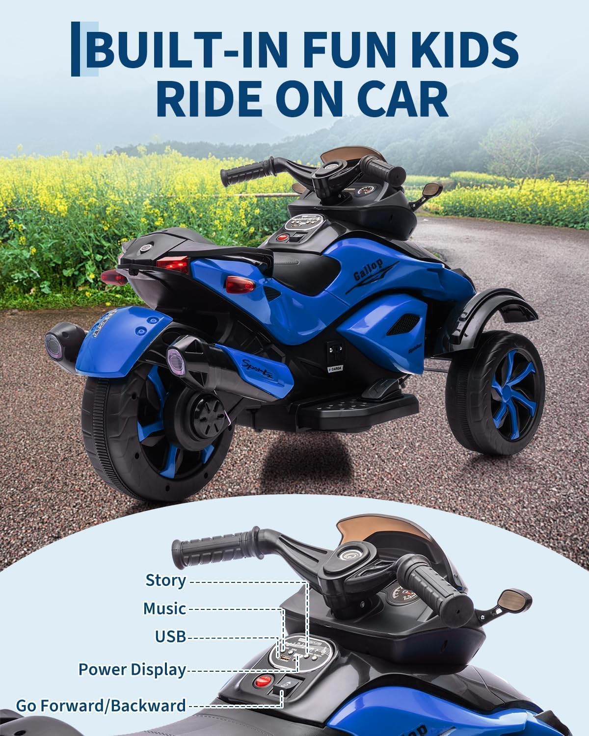 Véhicule électrique Enfant 12V, Moto 3 Roues avec LED Et Musique, Pneus Tout-Terrain, pour Enfants De 3 à 8 Ans