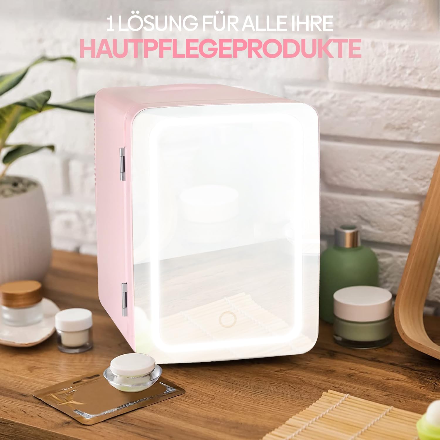 Olvy Kosmetik Kühlschrank 4 Liter, Tragbarer Mini Kühlschrank mit LED Spiegel, Klein Skincare Fridge, Kühl und Heiß für Zimmer, Rosa