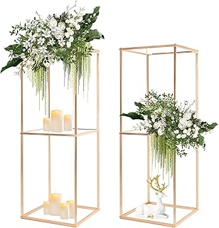 Bigsee Gold Flower Stand for Centerpieces: 2 Pcs 2-Layer 31.5 inch Tall Stand Pedestal Table with Acrylic Panel Metal Floor Vases Cylinder Stands for Wedding Centerpiece Party Decoration