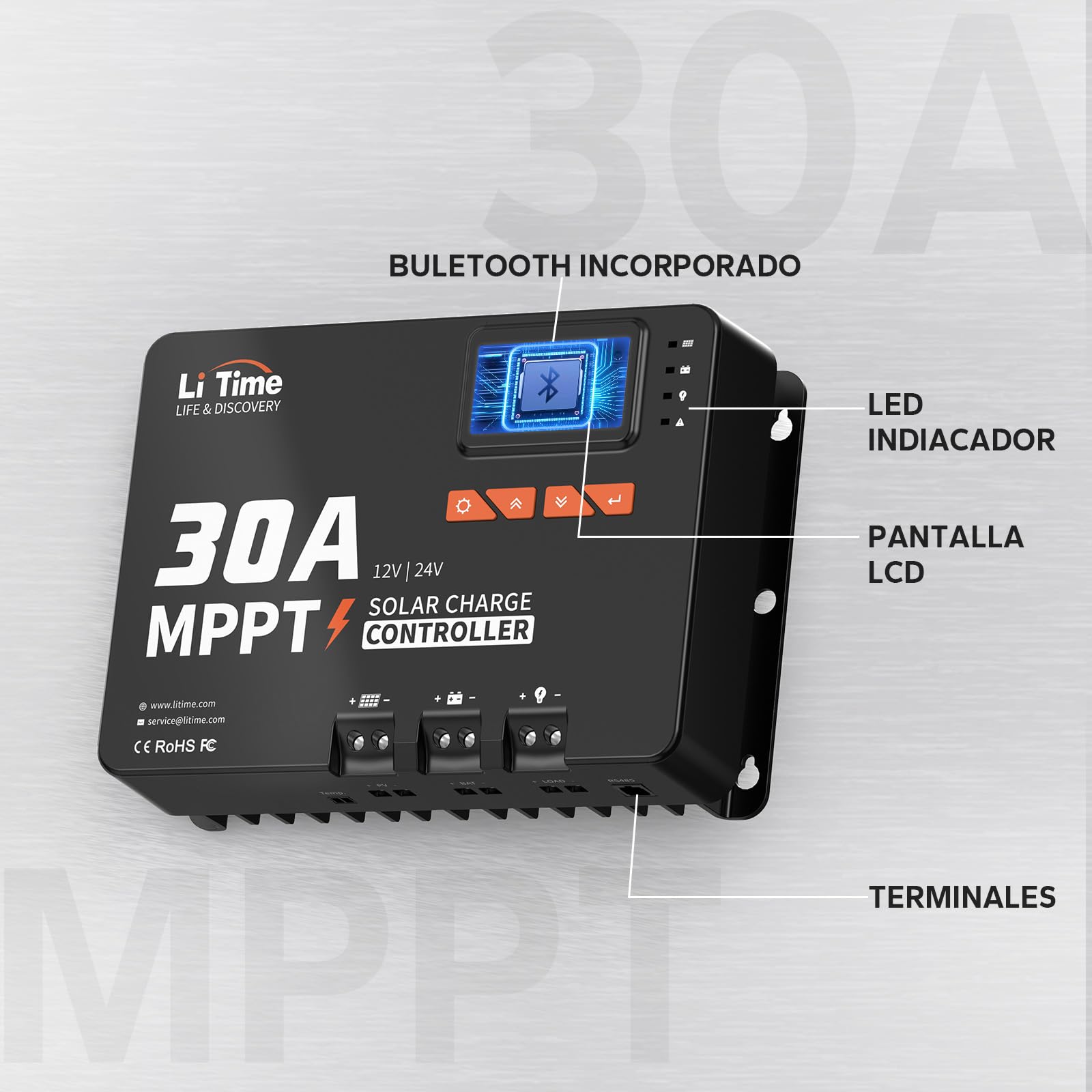 LiTime 30A Regulador Solar Mppt, Controlador de Carga Solar 12V/24V con Adaptador Bluetooth, Pantalla LCD e LED, Regulador de Carga Panel Solar para Baterías Litio Selladas Baterías de Plomo-ácido