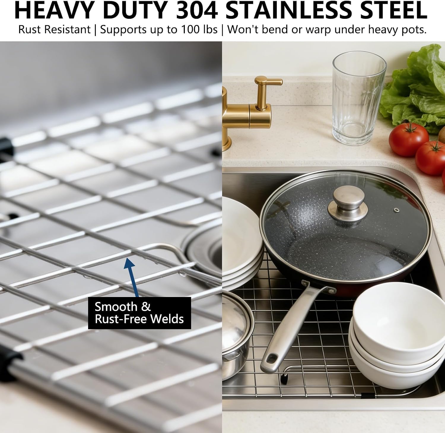 AWOKE Sink Rack for Bottom of Sink, Sink Protectors for Kitchen Sink, 304 Stainless Steel Heavy Duty Metal Wire Grate for Single Bowl Farmhouse Sink Bottom,Soft Rubber Feet