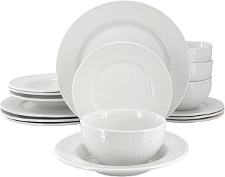 Soyer 16 Piece Textured Design Double Bowl Porcelain White Dinnerware Set, Serveware, Tableware, Bowls, Plate Set (Soyer)