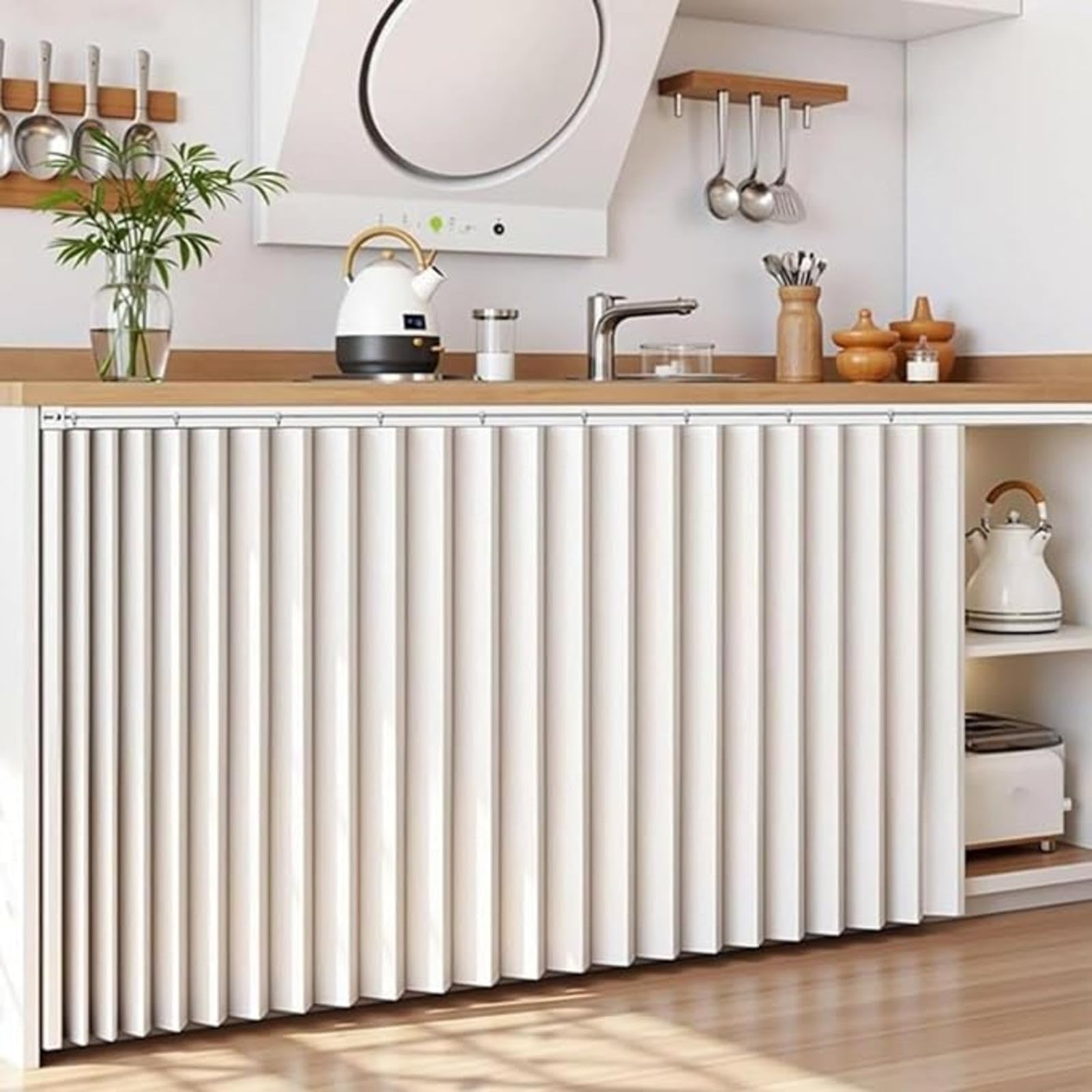 YZBZNG Cupboard Curtain Short Kitchen Curtain Dustproof Waterproof Blackout Privacy Panel Accordion Folding Design With Sliding Rail for Bathroom Pantry Wardrobe Shelves,Beige-W110cm/H90cm