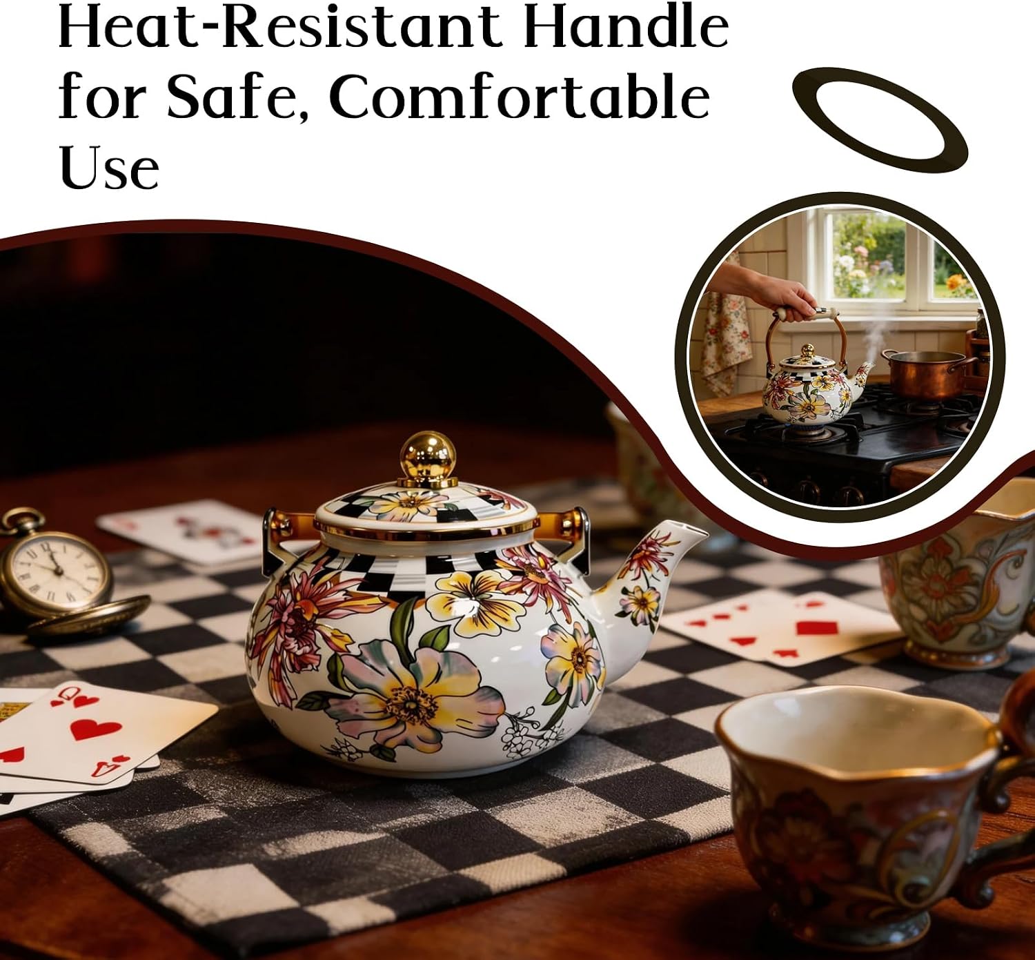 Teapot for Stovetop, Vintage Tea Kettle, Floral Tea Kettle - Enamel Coated Stovetop Safe Teapot with Checkered Handle & Gold Accents, Decorative Floral Pattern for Home & Kitchen, 2.5L Capacity