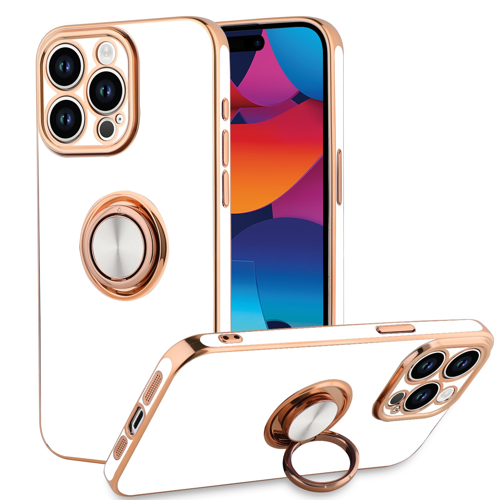 KANGHAR Phone Case Compatible with iPhone 15 Pro Max for Women Girls, Plating Built-in 360 Rotation Magnetic Ring Kickstand Holder Soft Slim Shockproof Bumper Protective Cover (White)