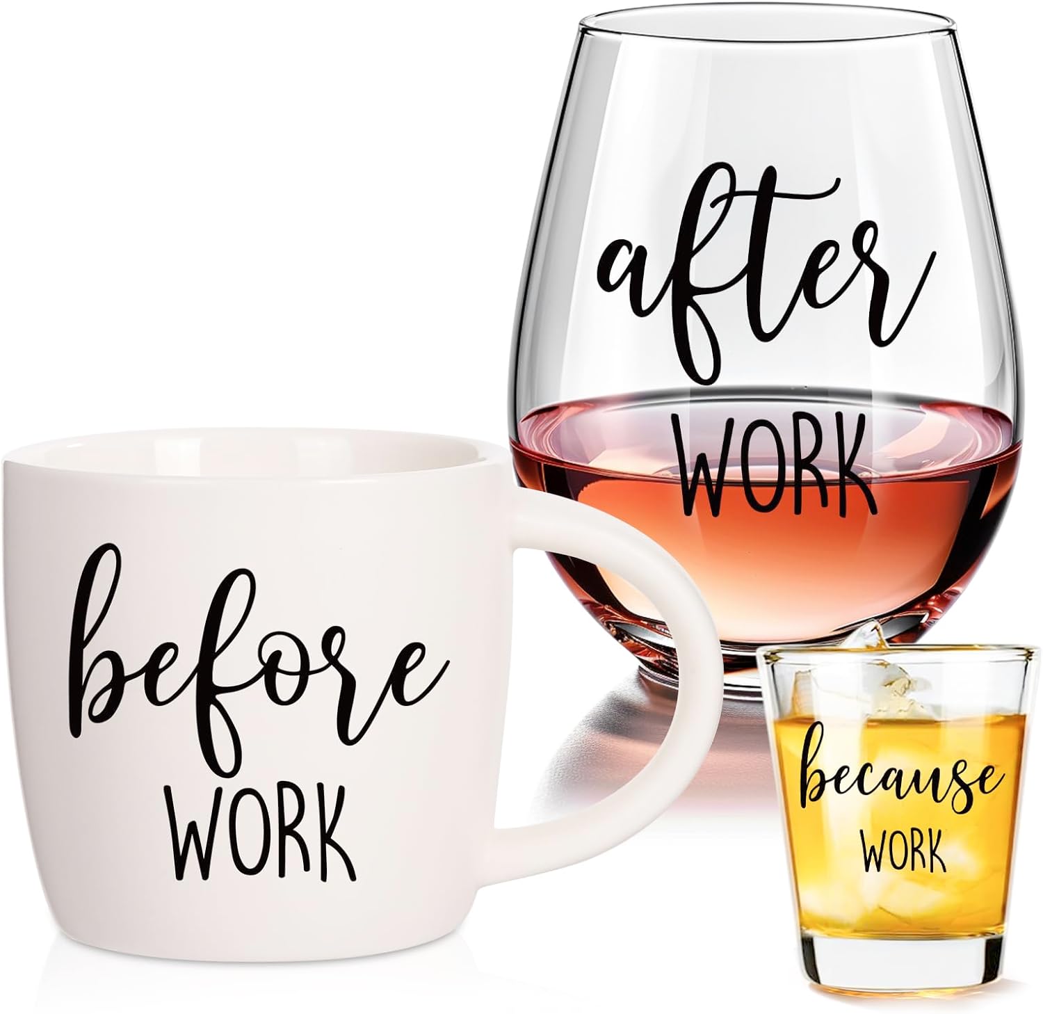 Physkoa Before Work After Work Gifts Set-Funny Workday Glass Cup Gift Set-Includes 20oz Coffee Mug, Wine Tumbler &Shot Glass,Work Office Humor Gift for Coworkers, Bosses, Friends