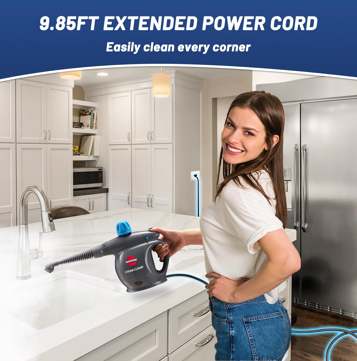 Outspurge Handheld Steam Cleaner, Pressurized Multi-Surface Steam Shot with 13 Accessories, Safety Lock, Steamer for Cleaning Floor, Upholstery, Grout, Windows, Couch and Car, Grey 1