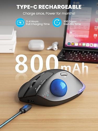 Vista 6 de Ratón trackball inalámbrico, ratón ergonómico Bluetooth recargable para computadora, ratón retroiluminado con bola rodante para pulgar para laptop