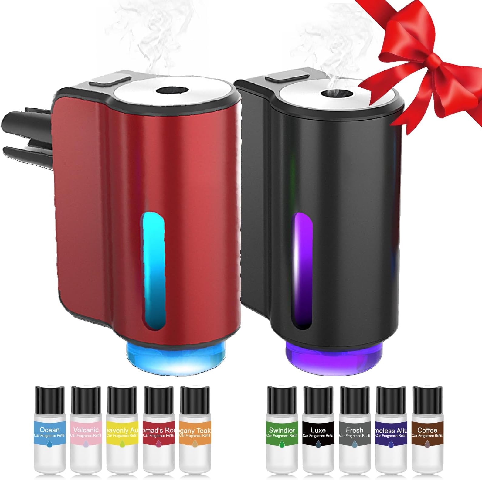 Smart Car Air Freshener,3 Levels Adjustable Strength, Rechargeable Aroma Diffuser, Built-in 220mAh, with 10pcs Aromatherapy Oil, Valentines Gifts for Women Men, Black & Red