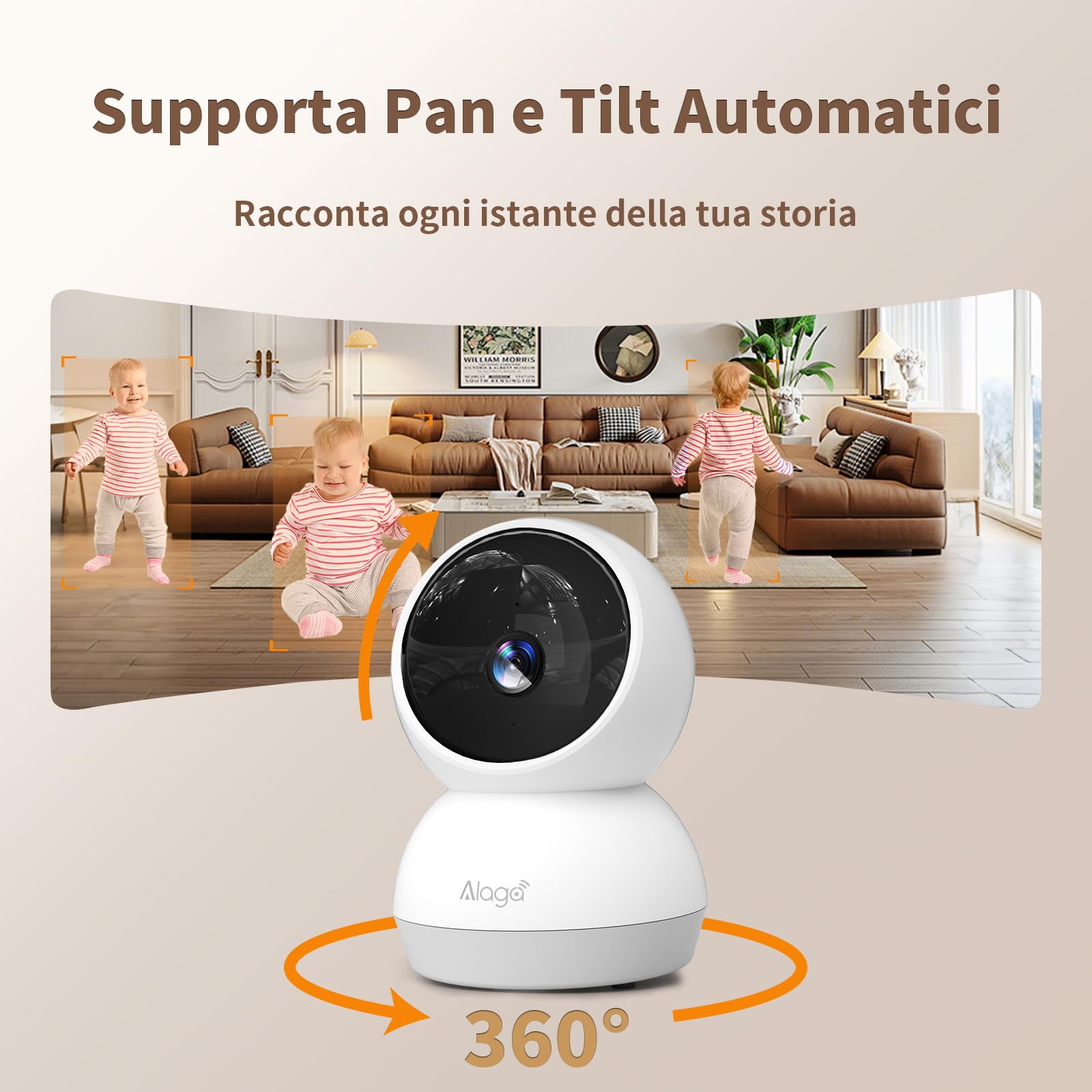 Alaga Telecamera di Sicurezza Interna 2K, Rilevamento AI di Persone e Animali, Wi-Fi 2.4/5 GHz, Rotazione 360°, Visione Notturna, Audio Bidirezionale, Compatibile con Alexa & Google (3 Mesi Cloud)