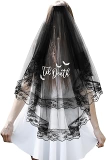 Black Bride Lace Veil Til Death Do Us Bride or Die Bachelorette Party Decorations Bridal Shower Gift for Women Gothic Halloween Wedding Decor 