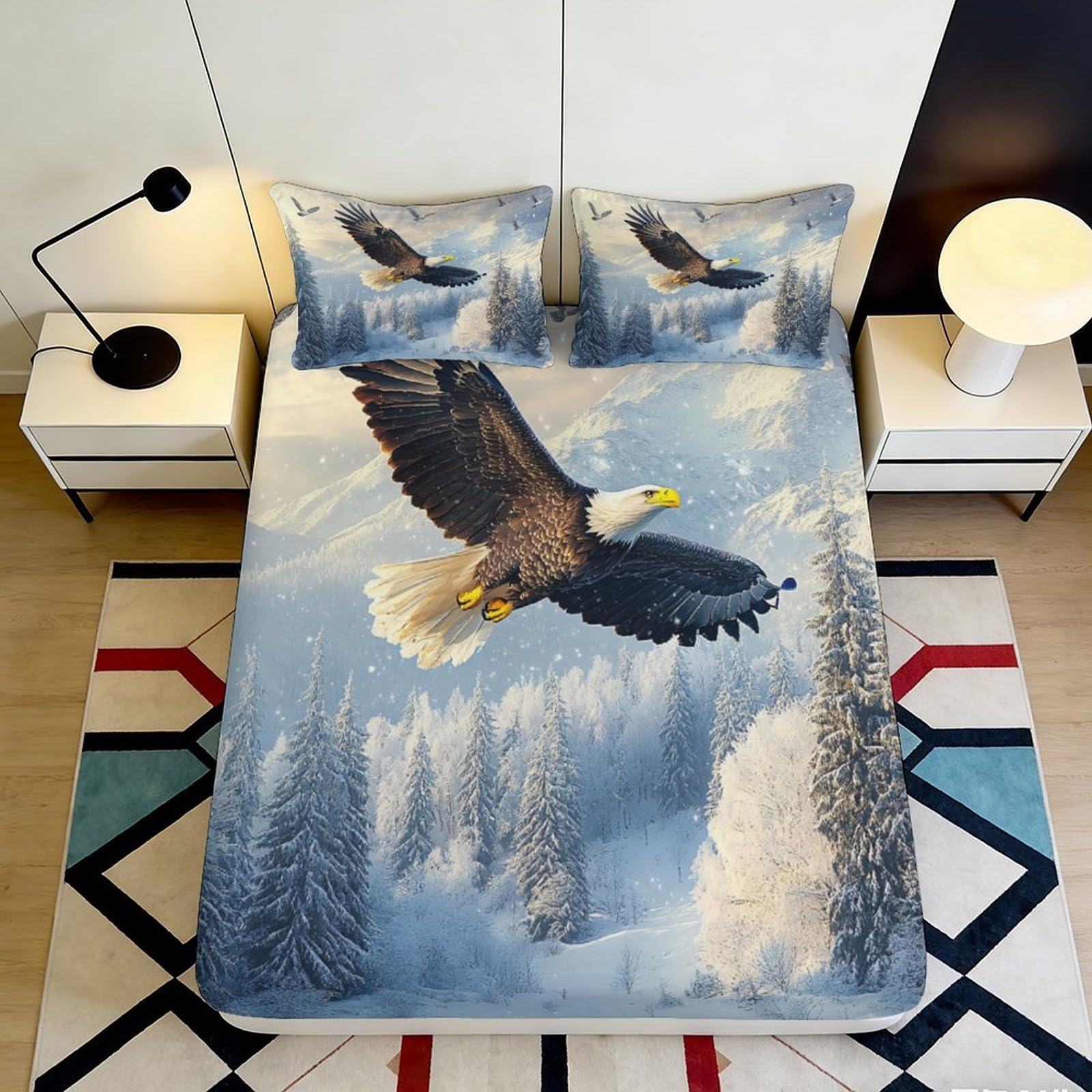 3D Printed Eagle Fitted Sheet Microfiber Soft Breathable Winter Forest Bed Cover for Bedroom Dormitory Guest Room Mattress Protection 140x200x25cm