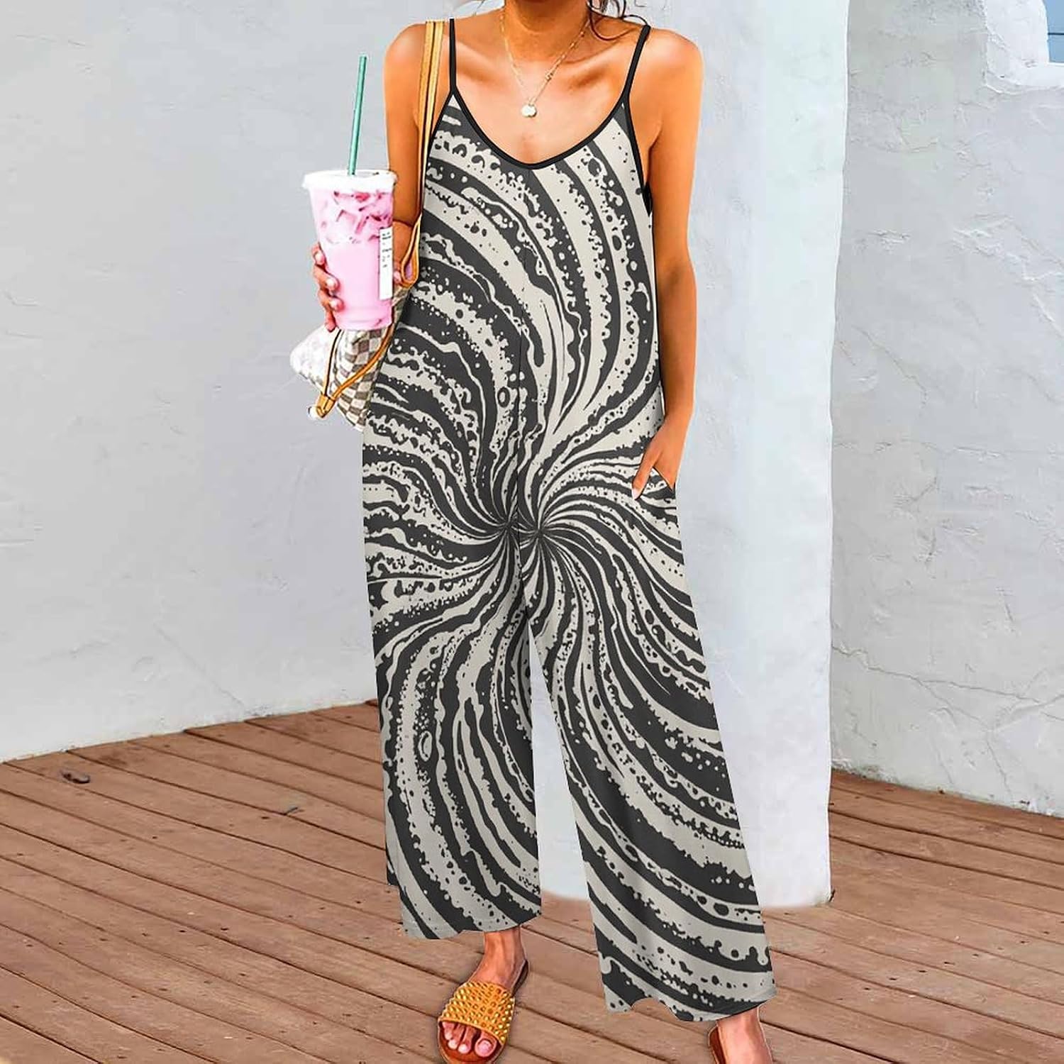 Jumpsuits for Women White Leaf Swirl Romper Adjustable Strap Sleeveless Casual Loose Overalls 3XL