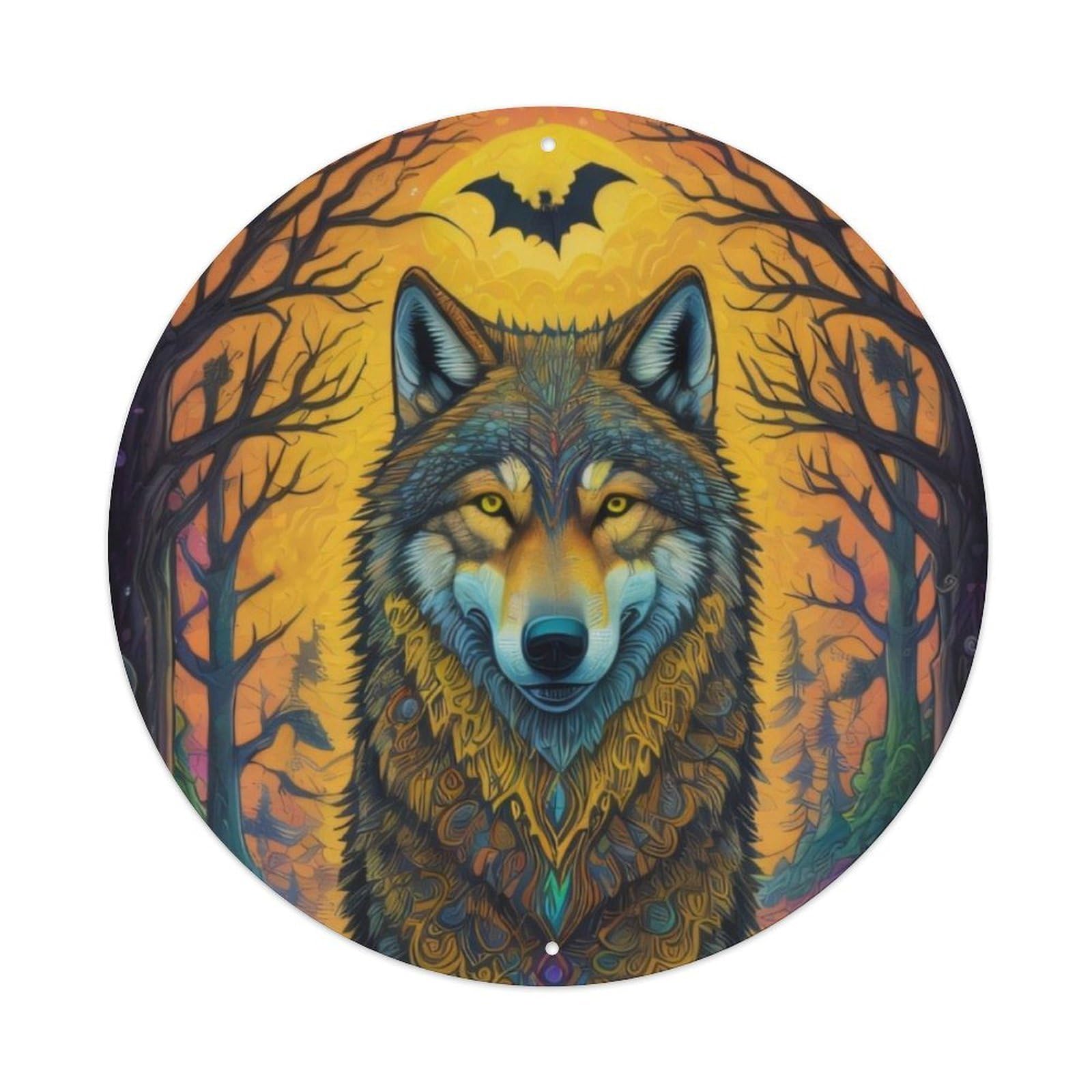 Animal Artwork Wolf And Pumpkin Lamp Vintage Metal Tin Sign Plaque Wall Decor for Cafe, Club Bar, Office, Garden Metal Poster 8x8Inch