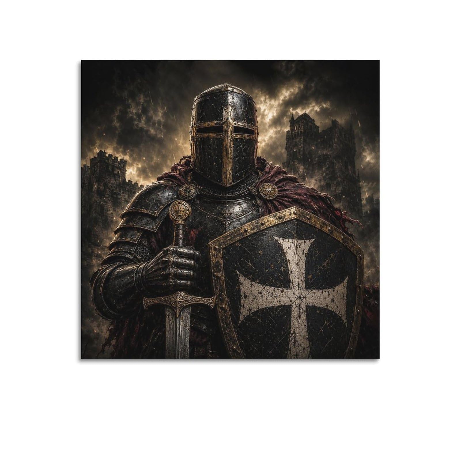 XKUGA Gothic Hospitaller Knight Poster Black Shield Gold Armor Modern Decorative Canvas Prints - Ideal Wall Art for Family, Man Cave, Game Room, Boys & Girls Bedroom 24x24inch(60x60cm)