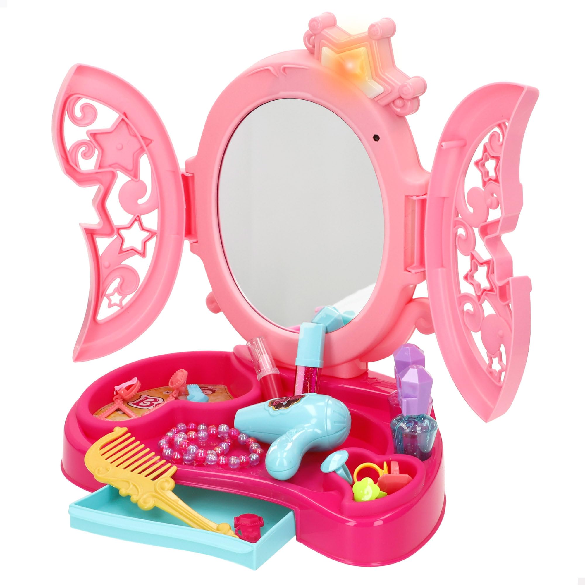 ColorBaby Beauty Love Tocador Infantil luz y Sonido, Medidas 27x18x31,5 cm, Incluye Espejo, secador, Peine, perfumes, pintalabios, Anillos, Pulseras y Accesorios, Desde 3 años (39439)