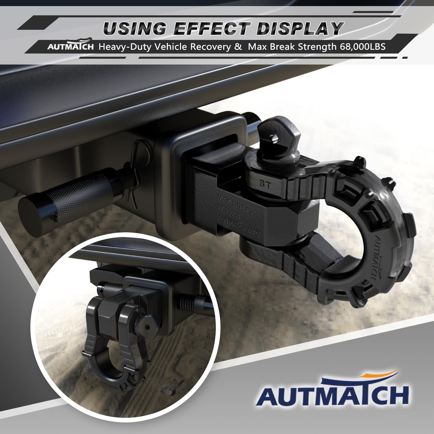 AUTMATCH Shackle Hitch Receiver 2" with 3/4" Mega D Ring Shackle and 5/8" Trailer Hitch Lock Pin, 68,000 Lbs Break Strength Heavy Duty Receiver Towing Kit for Off-Road Vehicle Recovery, Black - Image 8
