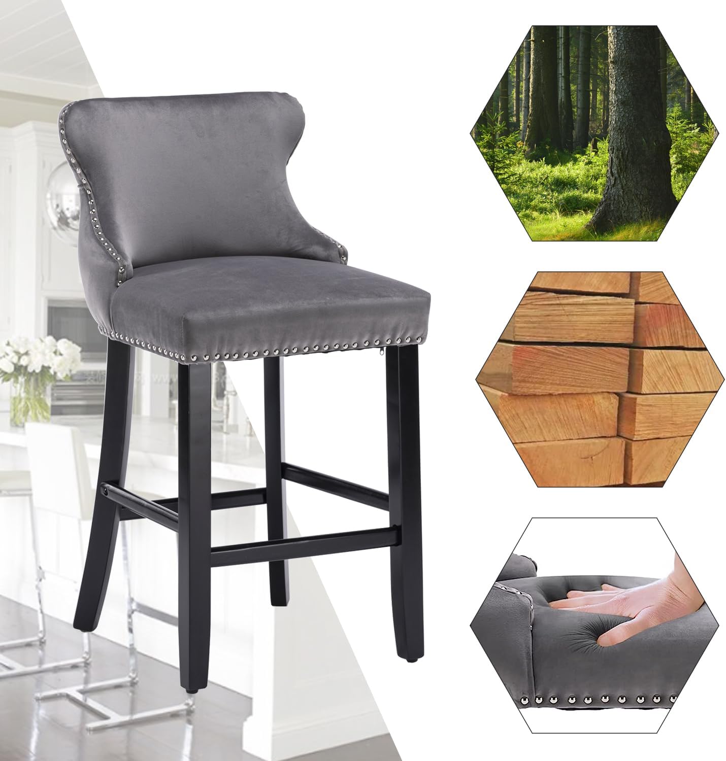 Set of 2 Gray Velvet Counter Height Bar Stools, 26.7" Tufted Seat with Back, Nailhead Trim, Solid Wood Legs – Perfect Barstools for Home Bar & Kitchen Island