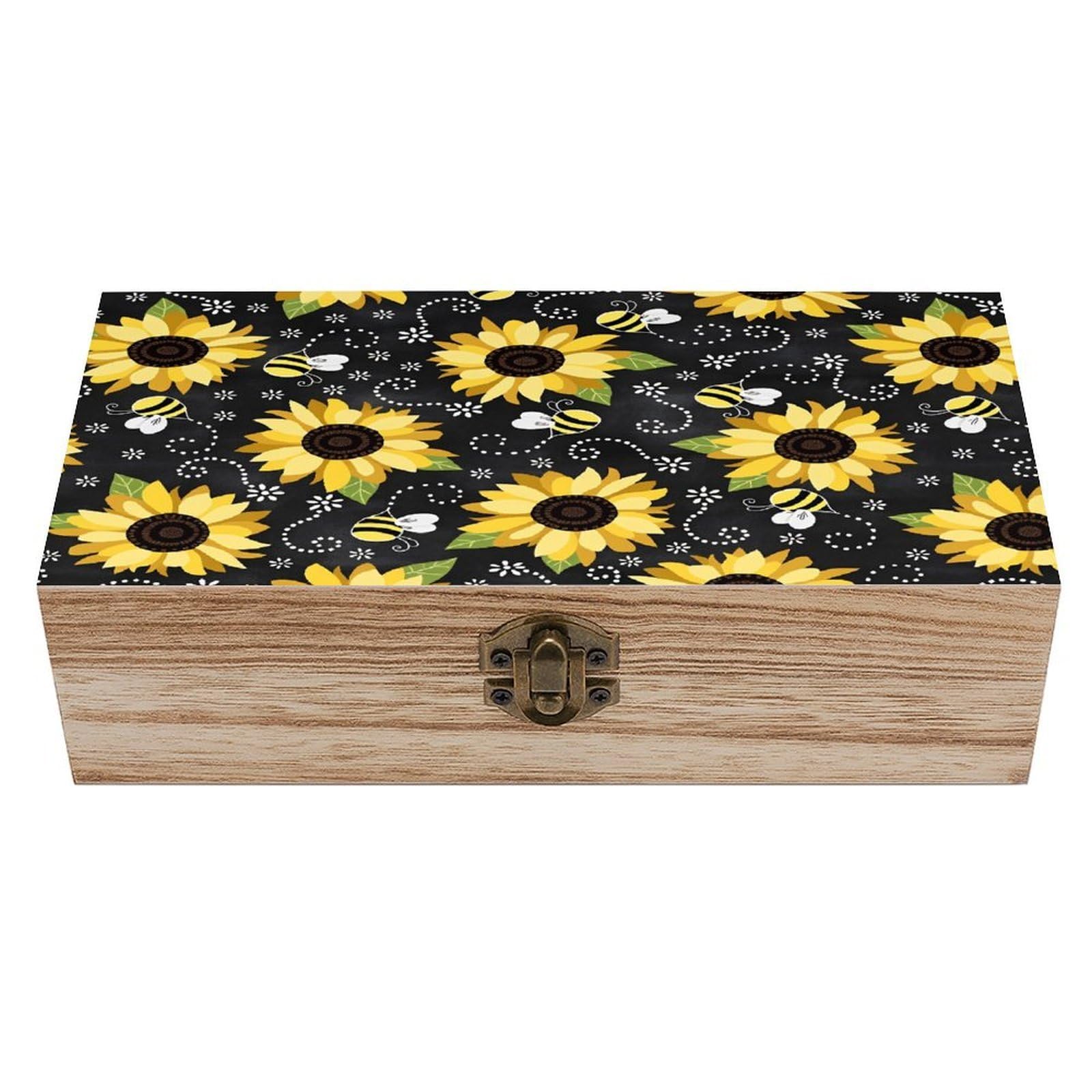 HLBSDM Sunflower Bee Vintage Wooden Keepsake Box with Hinged Lid And Locking Clasp, Decorative Storage Box for Jewelry, Trinkets And Small Accessories, Organizer for Home Or Wedding
