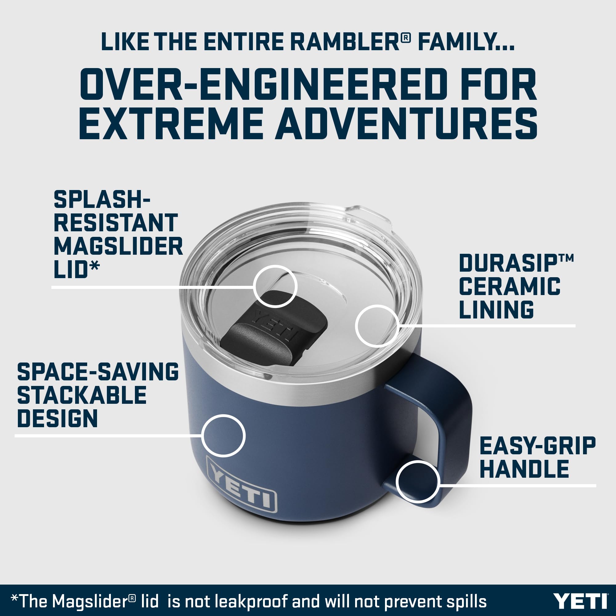 YETI Rambler Stackable Mug with Durasip Ceramic Lining, Vacuum Insulated Stainless Steel Mug with Magslider Lid, Navy, 14 oz (414 ml)