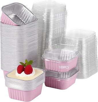 100Pcs 10oz Mini Cake Pans with Lids, Square Aluminum Foil Baking Cups Containers, Transparent Plastic Cake Boxes, Ideal for Parties, Desserts, and Weddings