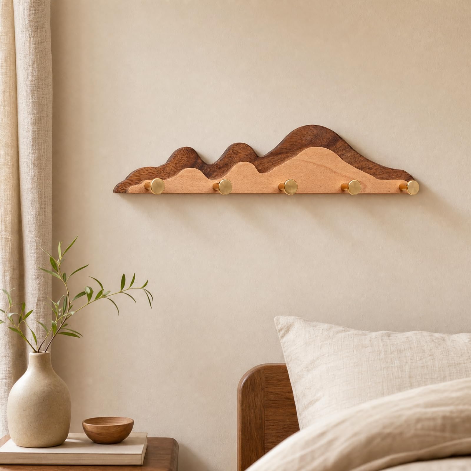 KESOTO Porte-Manteau Mural En Bois Sinueux Gain Patère Murale s Métalliques Polyvalent Patère En Bois Massif Naturel, 6 Crochets