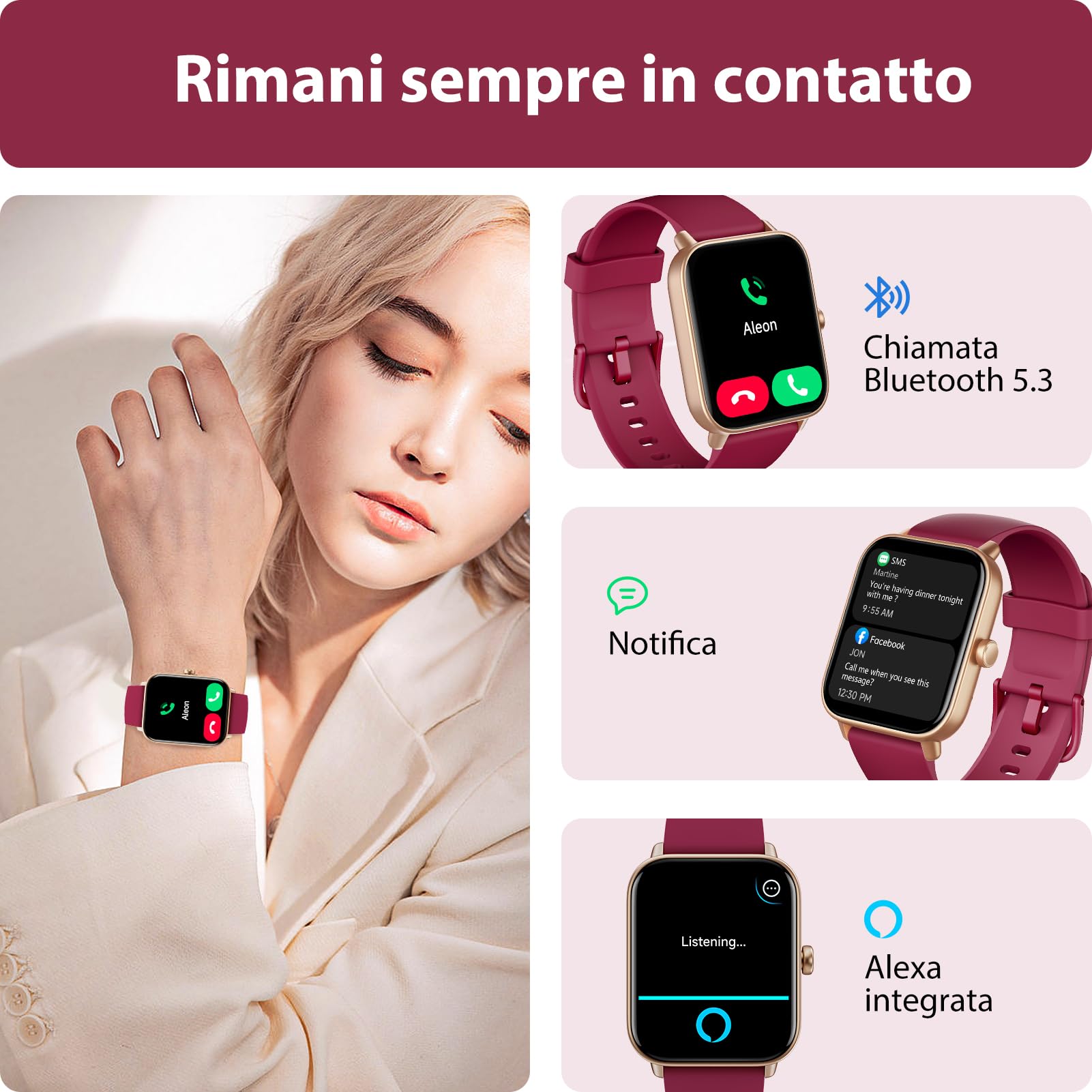 Smartwatch Uomo Donna Rispondi/Effettua Chiamate, 1.8" Orologio Alexa Integrata, SpO2/Frequenza Cardiaca/Sonno/Stress, 100+ Sports, Contacalorie/Passi, IP68 Smart Watch per Android/iOS (Rosso, 1.8)