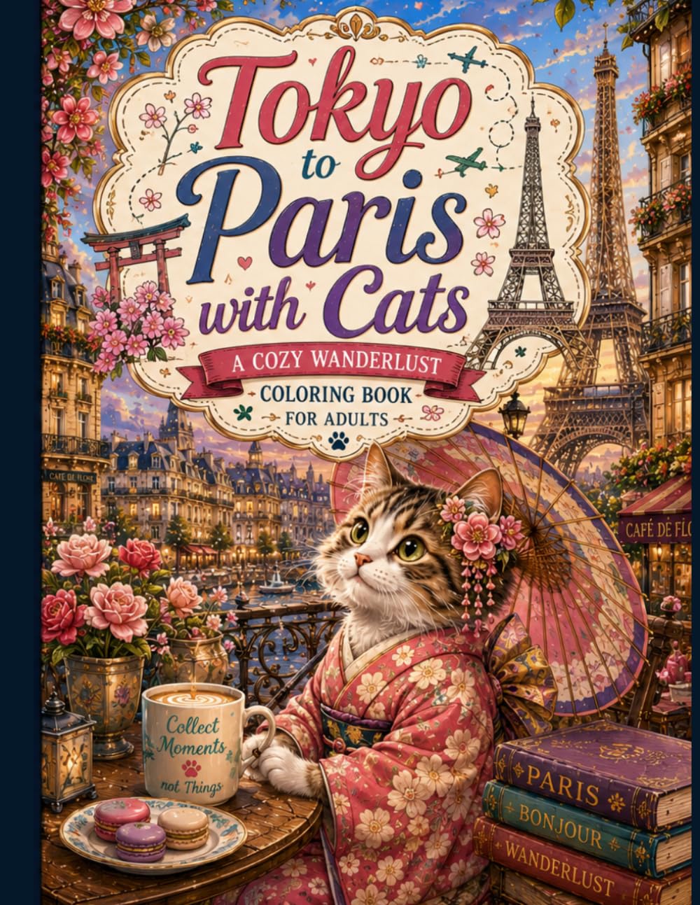 Tokyo to Paris with Cats: A Cozy Wanderlust Coloring Book for Adults
