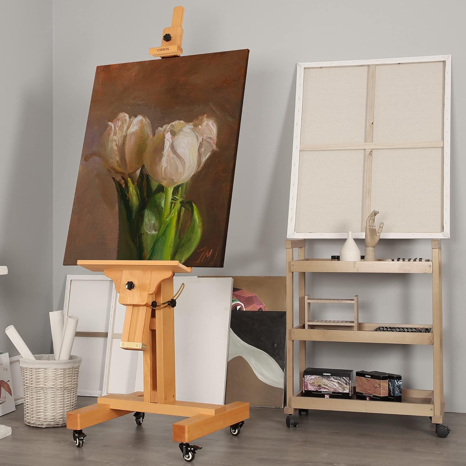 VISWIN Studio Heavy-Duty Easel, Holds Canvas Up to 71", Tilts Flat & Movable, Adjustable Solid Beech Wood Large Easel Stand for Painting, TV & Display, Floor Art Easel for Adults, Artists - Natural