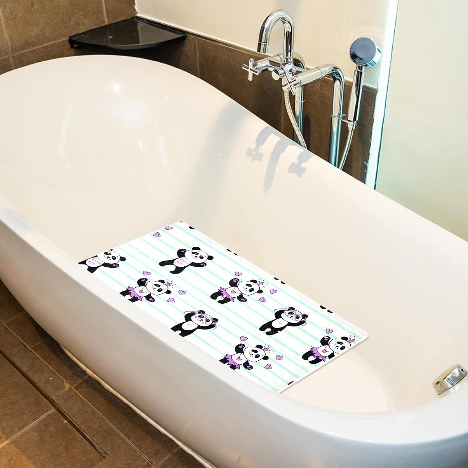 Rutschfeste Badematten für Badezimmer, Motiv: Schöne Pandas und rosa Herzen, rechteckige Badewannenmatte, maschinenwaschbar, 40 x 70 cm