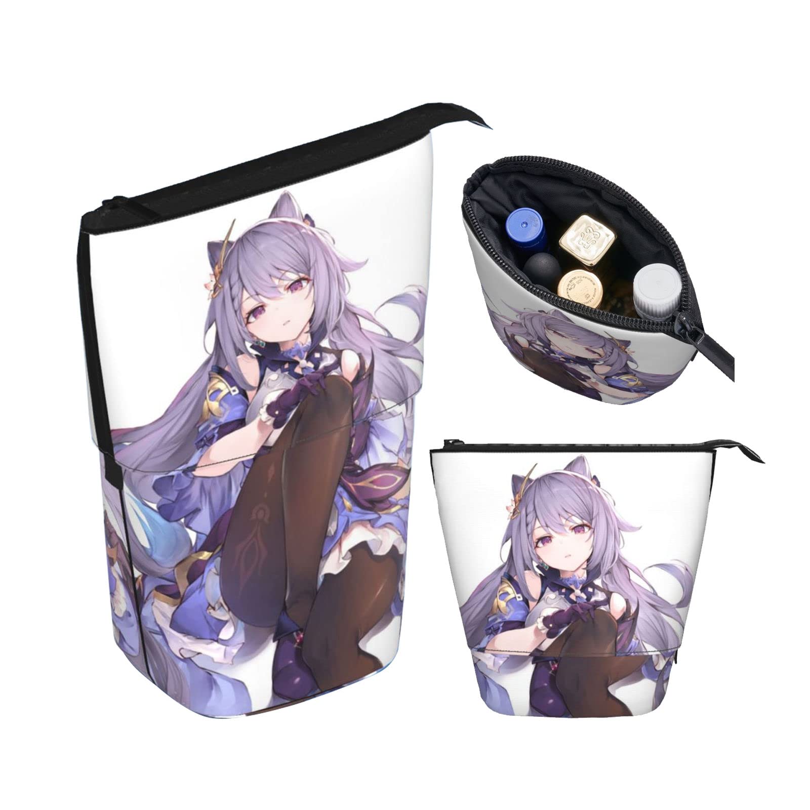 WANGSOARGenshin Impact Pencil Case, Standing Pen Holder Telescopic Makeup Pouch Stationery Office Organizer Box for Office College School Durable Pen Carrying Case. Keqing